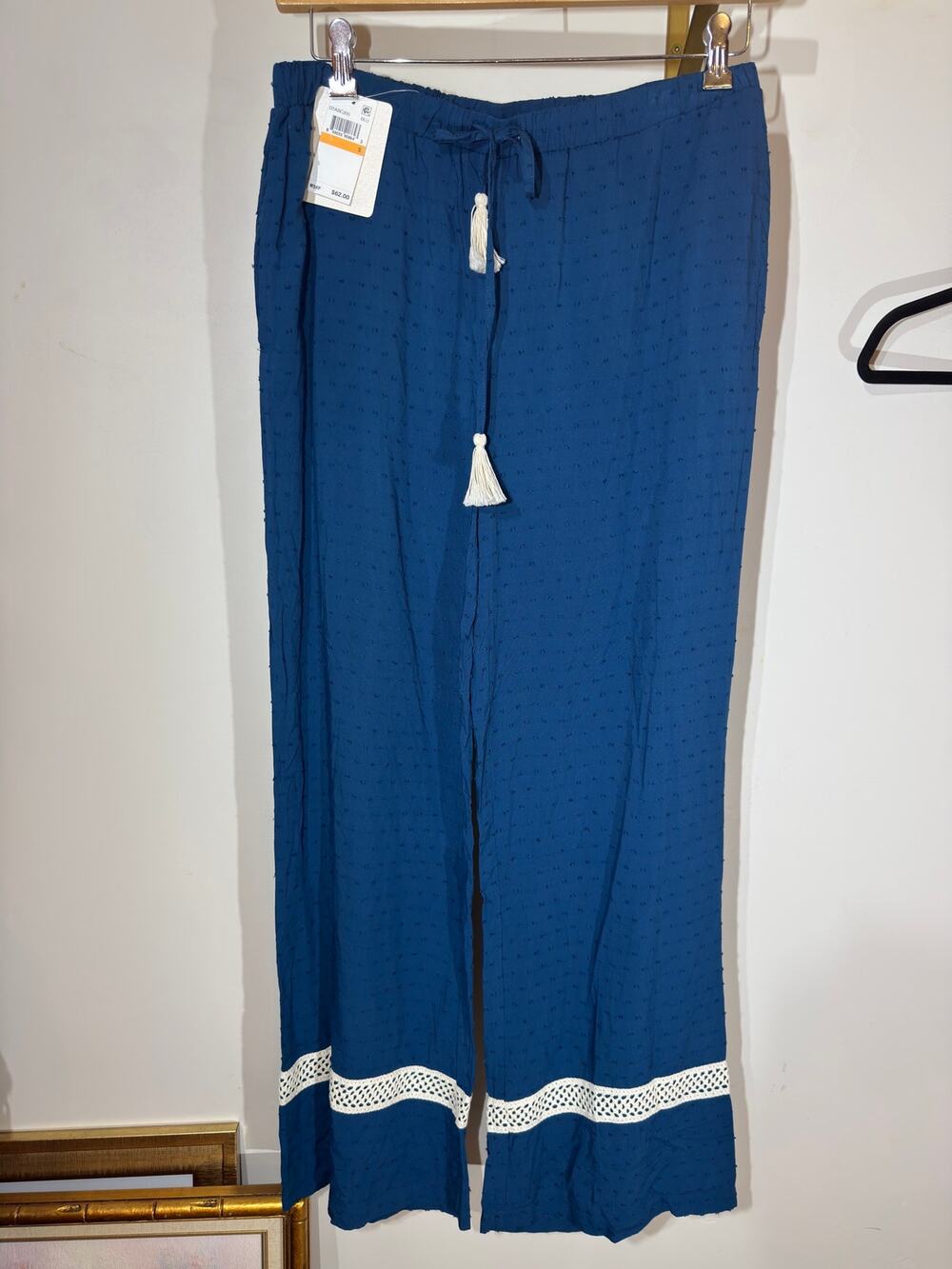 DOTTI Blue Eyelet Cover Up Pants With Lace Inlay and Drawstring - NWOT